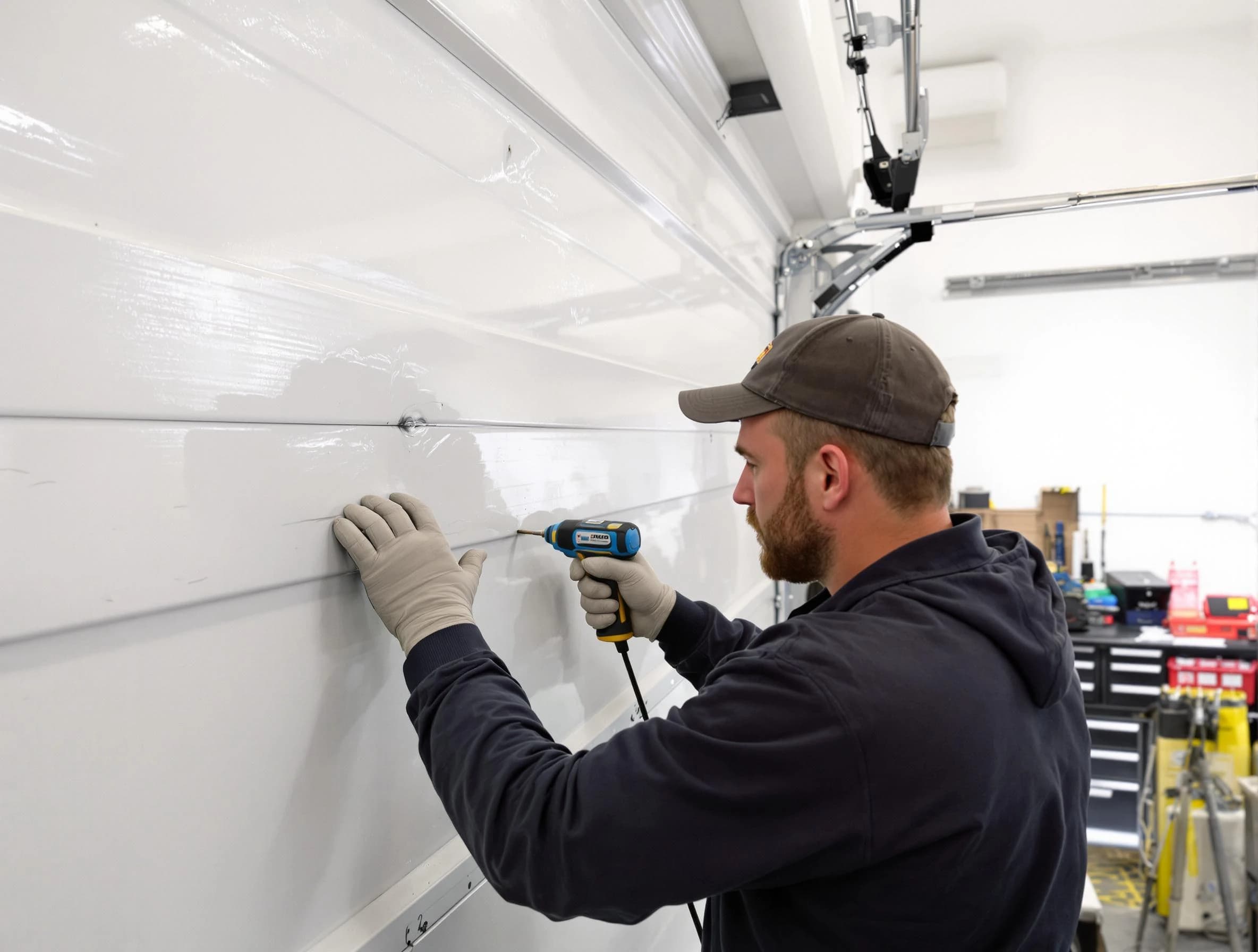 Newcastle Garage Door Repair technician demonstrating precision dent removal techniques on a Newcastle garage door